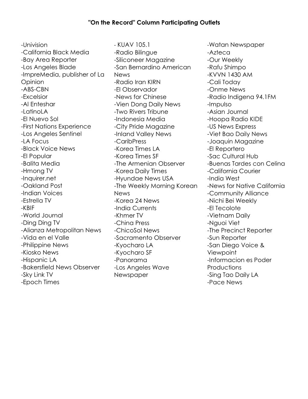 "On the Record" Participating Outlets