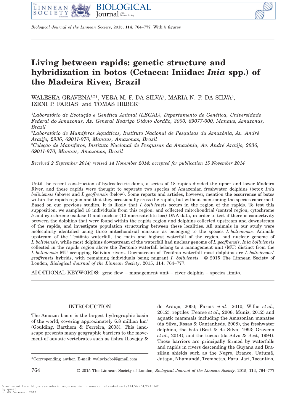 Living Between Rapids: Genetic Structure and Hybridization in Botos (Cetacea: Iniidae: Inia Spp.) of the Madeira River, Brazil