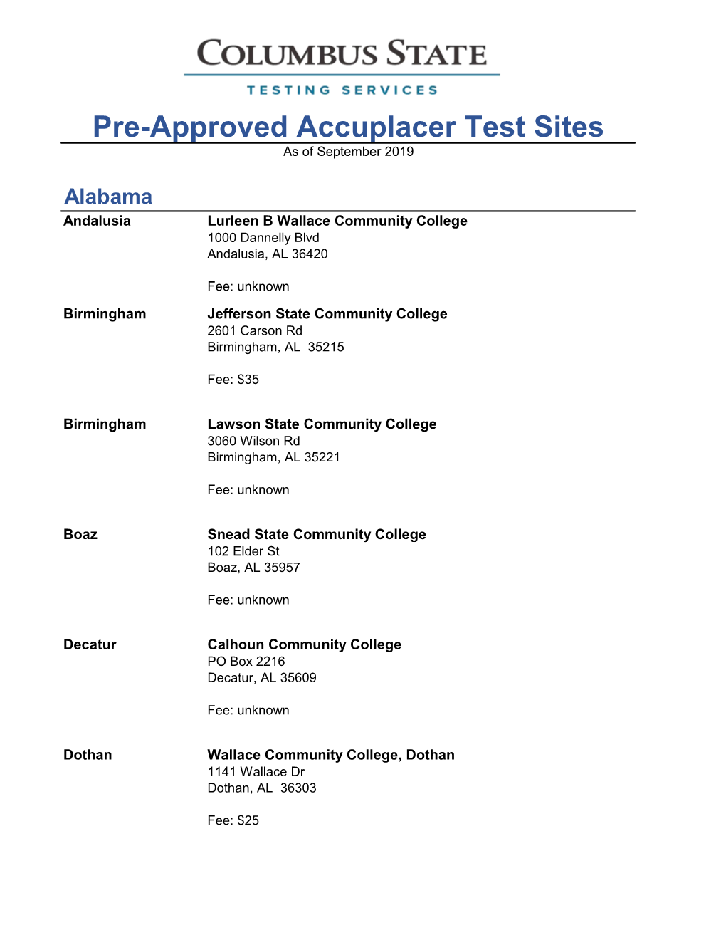 Pre-Approved Accuplacer Test Sites As of September 2019