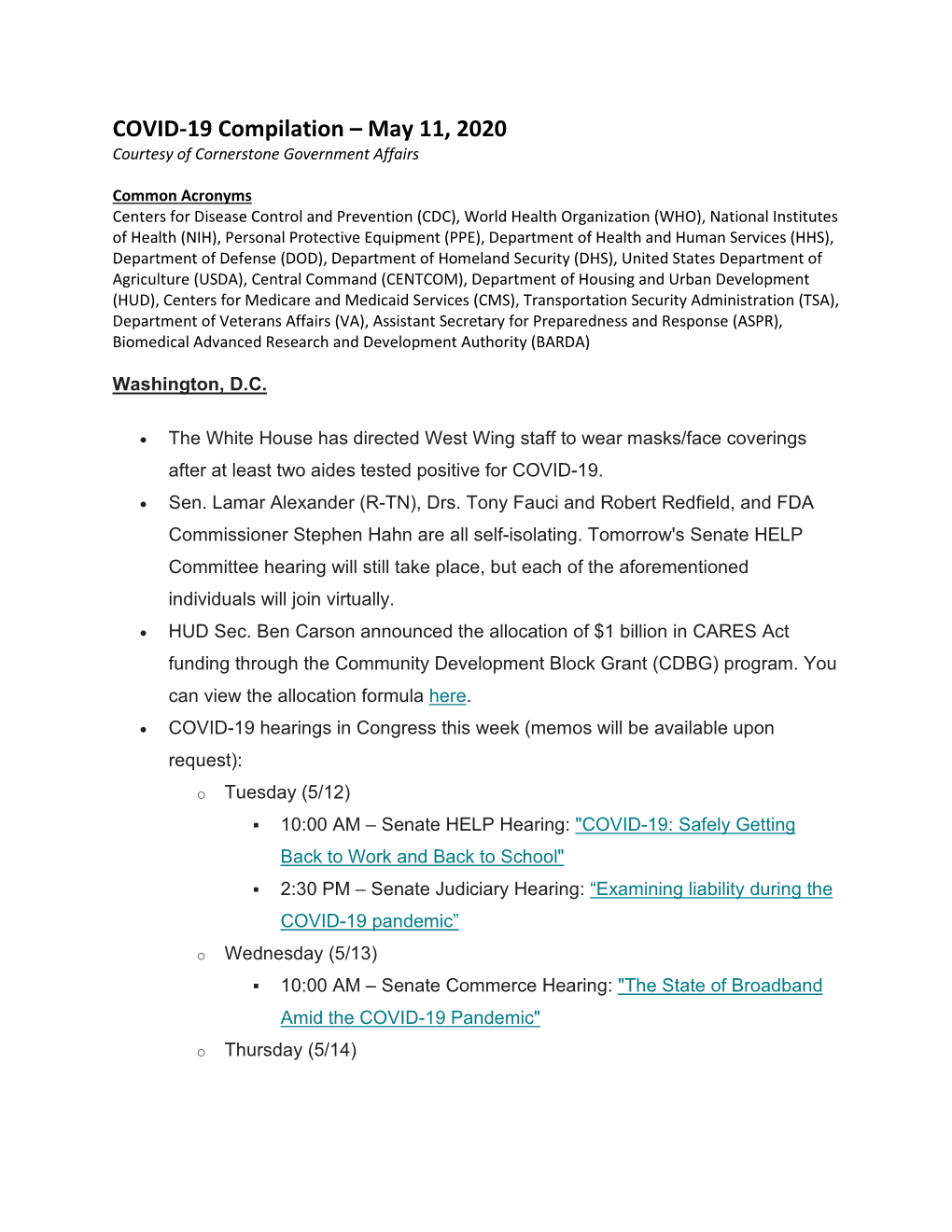 COVID-19 Compilation – May 11, 2020 Courtesy of Cornerstone Government Affairs