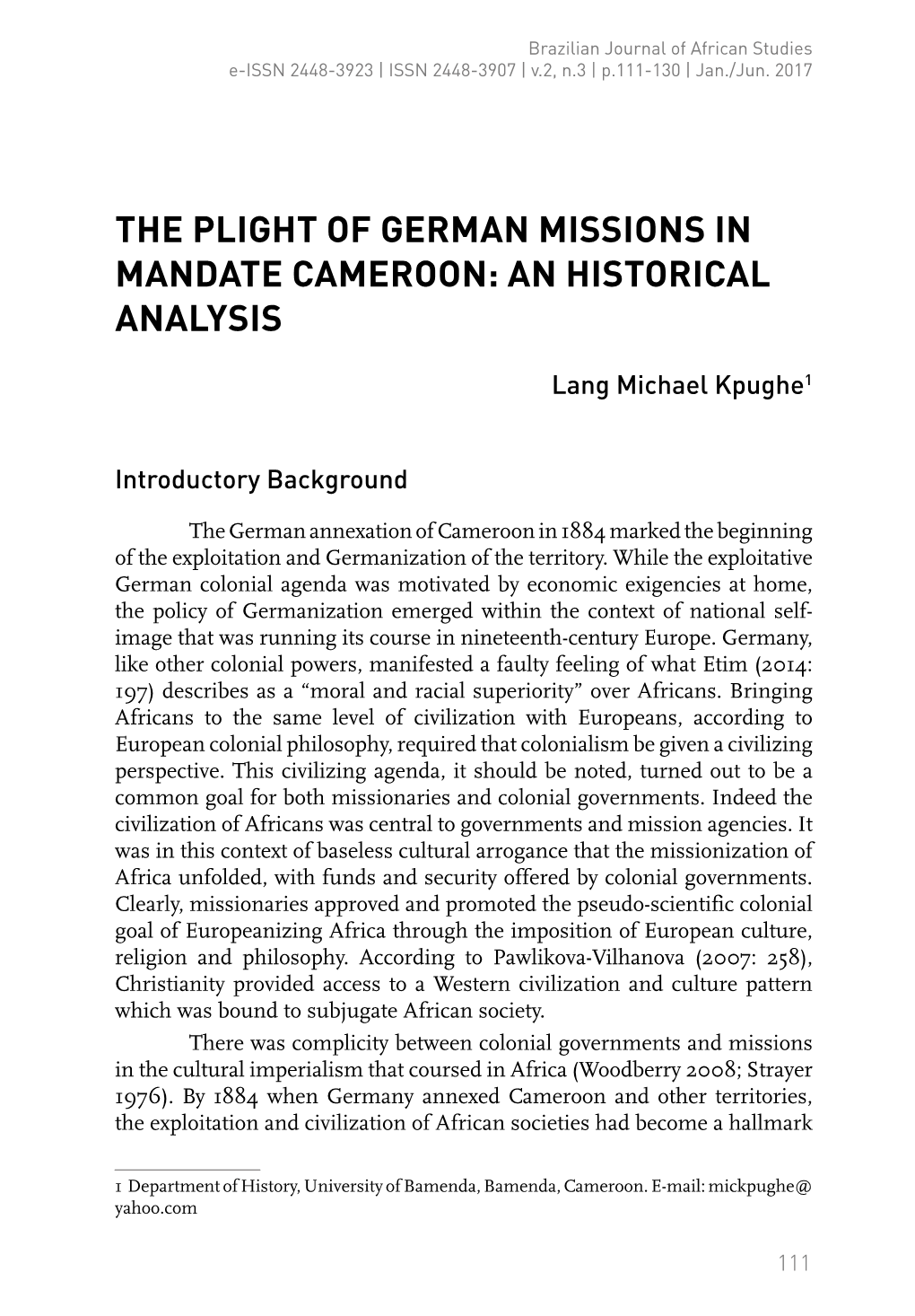 The Plight of German Missions in Mandate Cameroon: an Historical Analysis