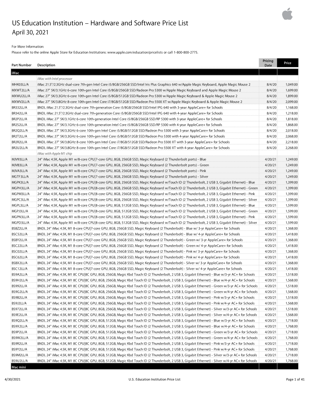 Apple US Education Price List