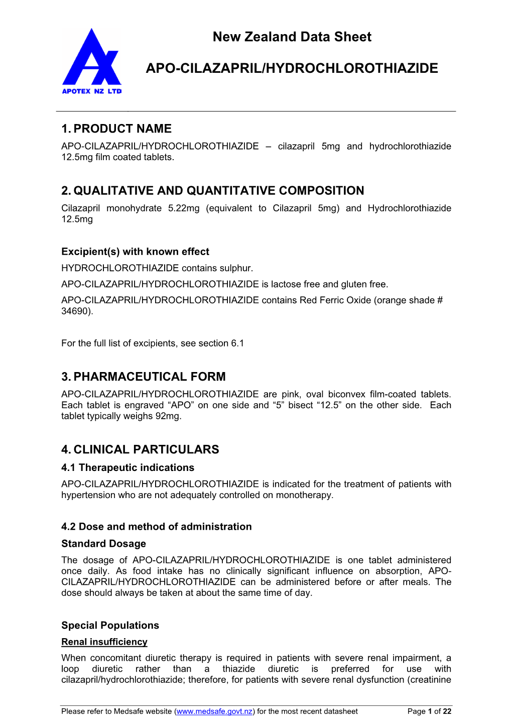 Apo-Cilazapril/Hydrochlorothiazide Film Coated Tablet