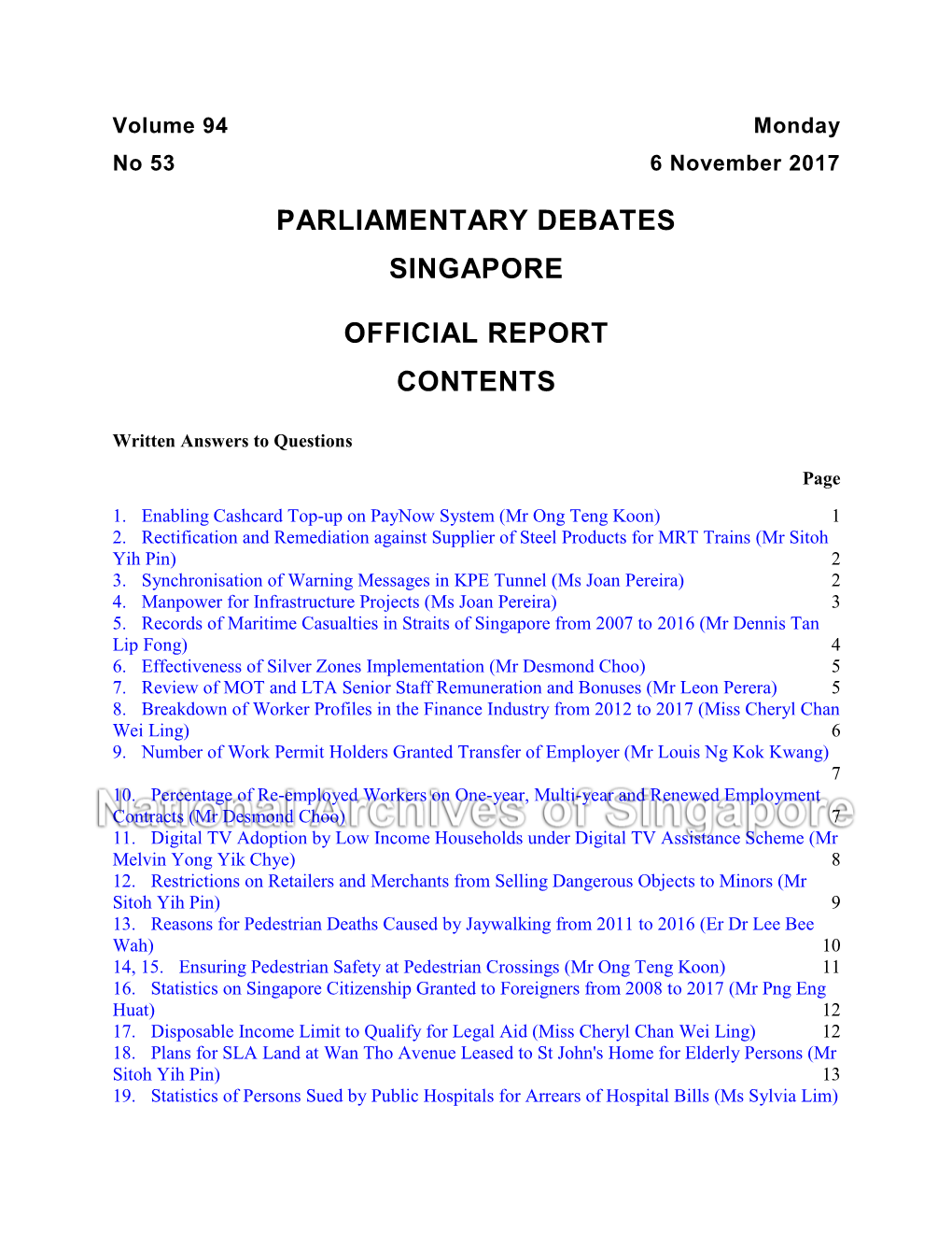 Parliamentary Debates Singapore Official Report Contents