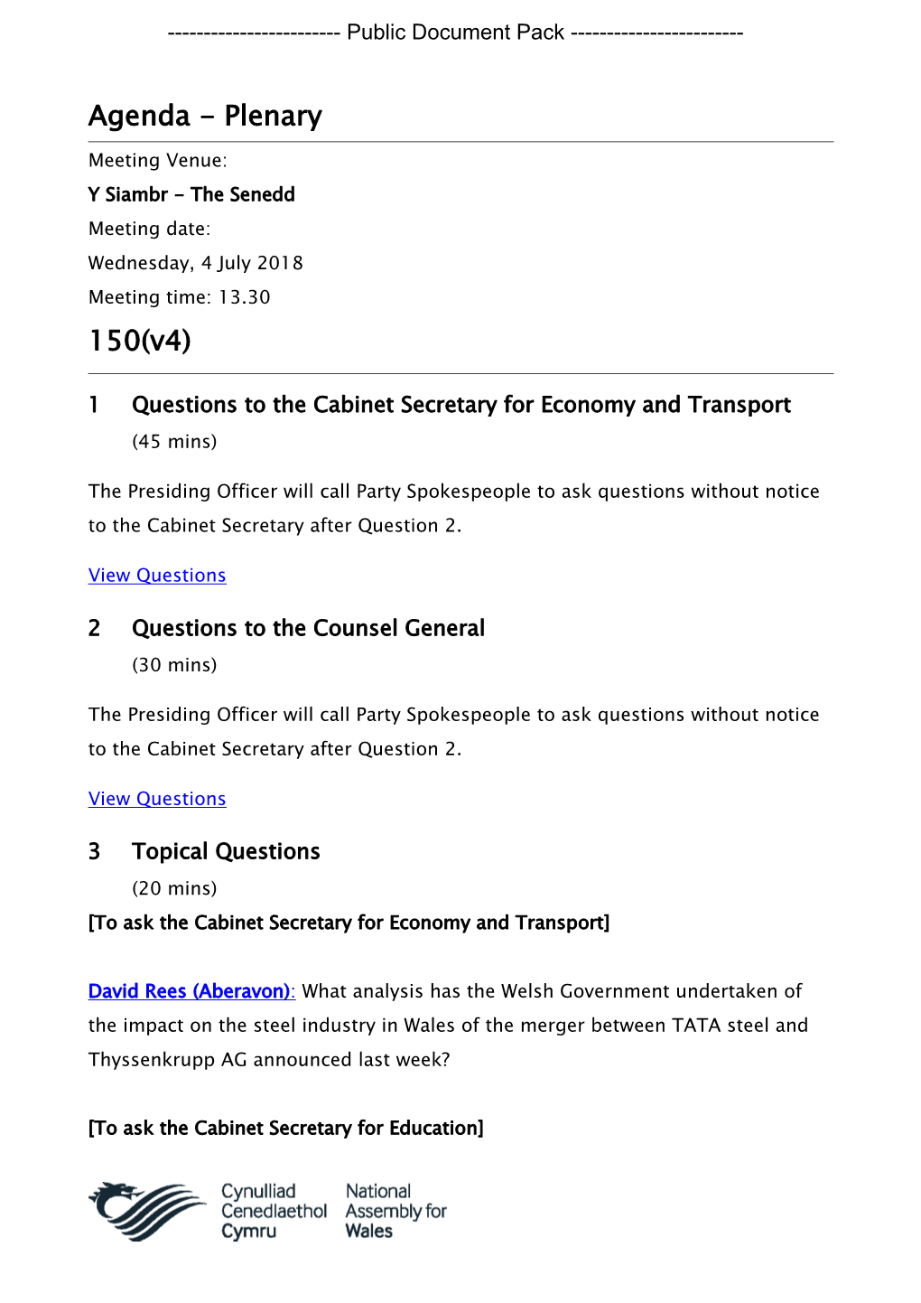 (Public Pack)Agenda Document for Plenary, 04/07/2018 13:30