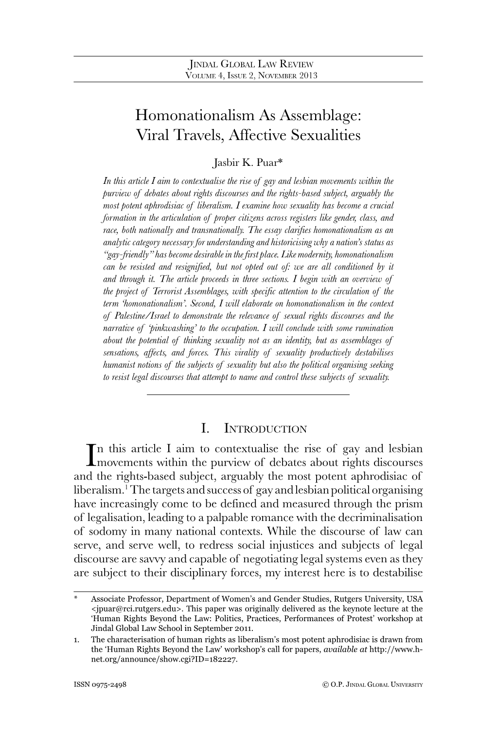 Homonationalism As Assemblagejindal Global Law Review 23 Volume 4, Issue 2, November 2013