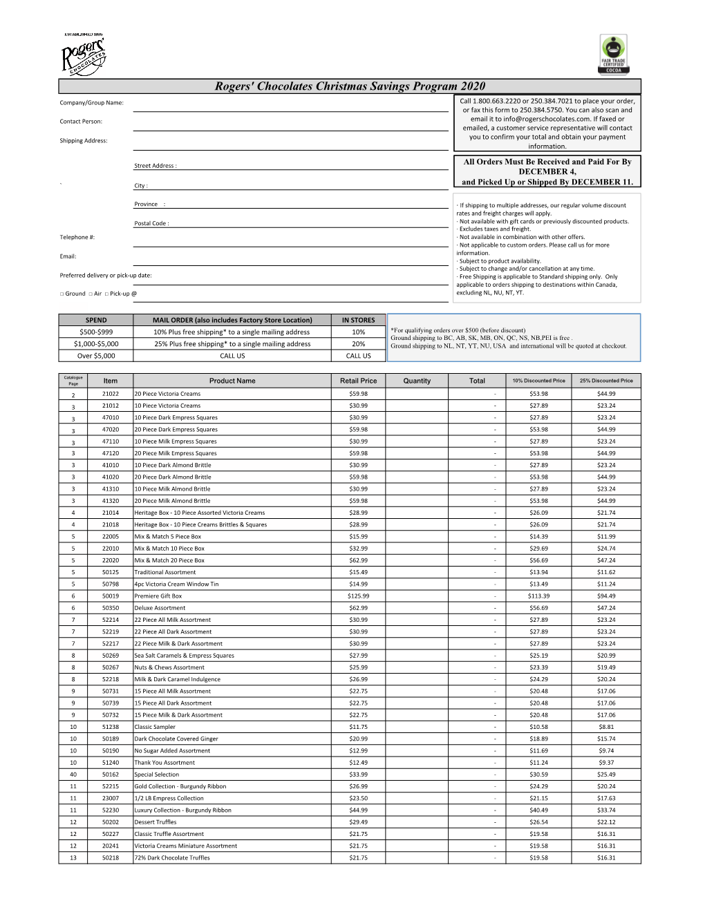 Rogers' Chocolates Christmas Savings Program 2020