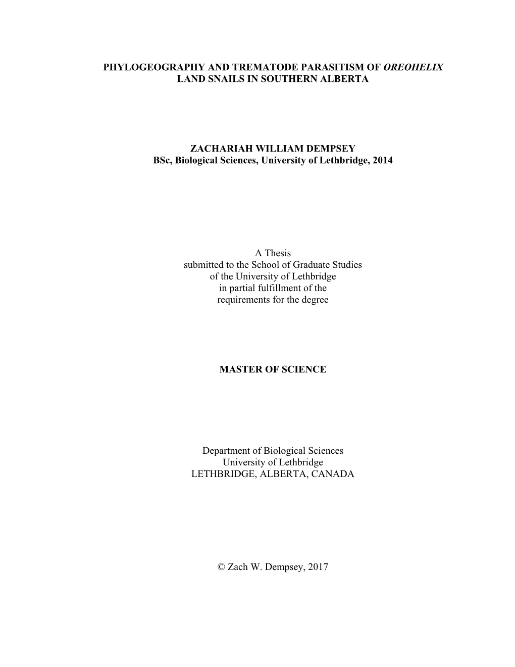 Phylogeography and Trematode Parasitism of Oreohelix Land Snails in Southern Alberta