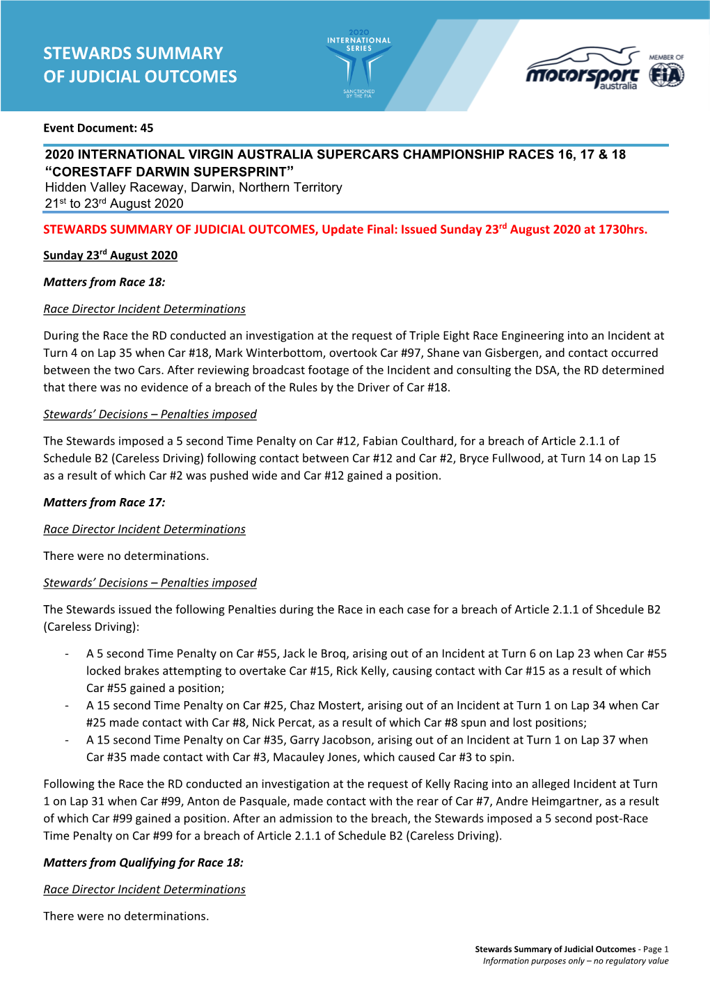 Stewards Summary of Judicial Outcomes