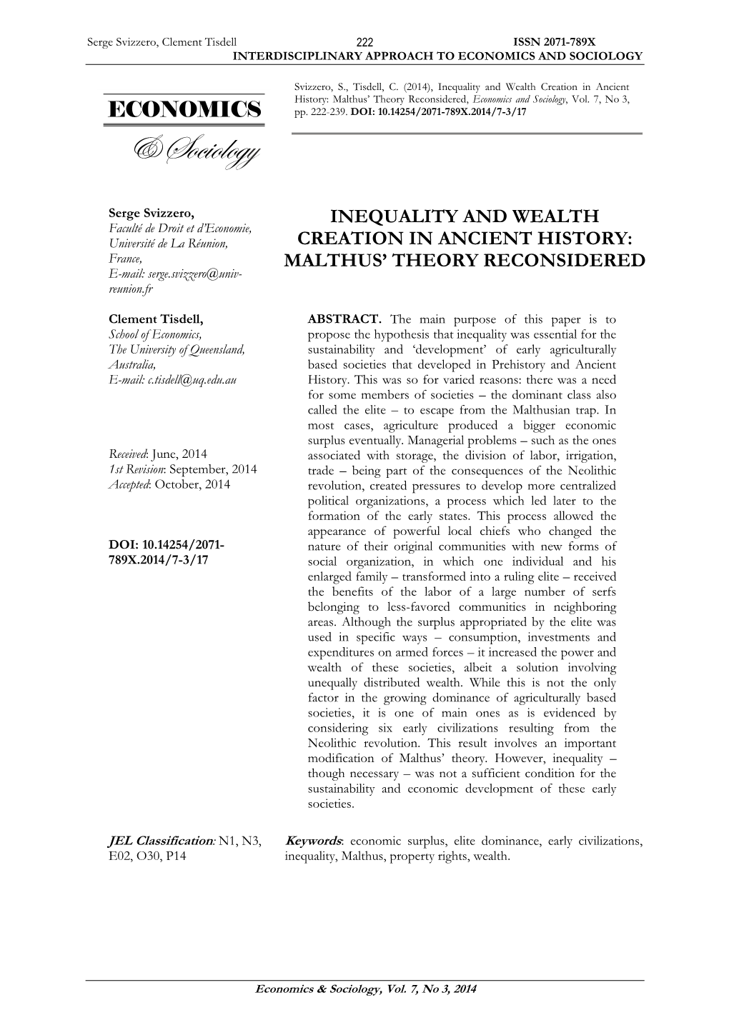 Inequality and Wealth Creation in Ancient History: Malthus’ Theory Reconsidered, Economics and Sociology, Vol