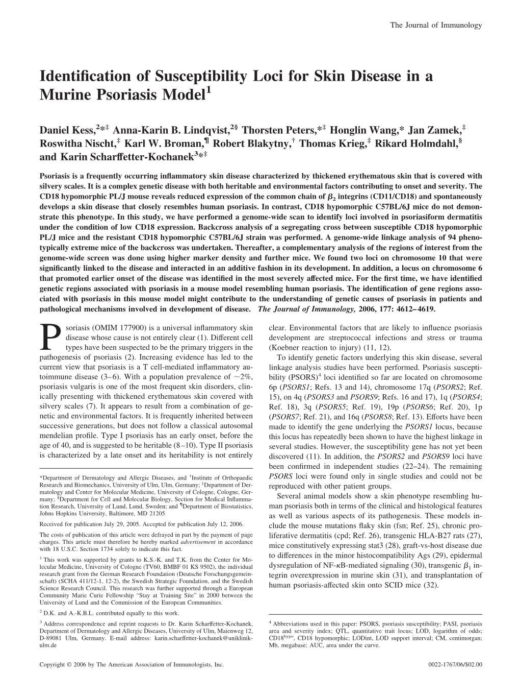 Disease in a Murine Psoriasis Model Identification of Susceptibility Loci