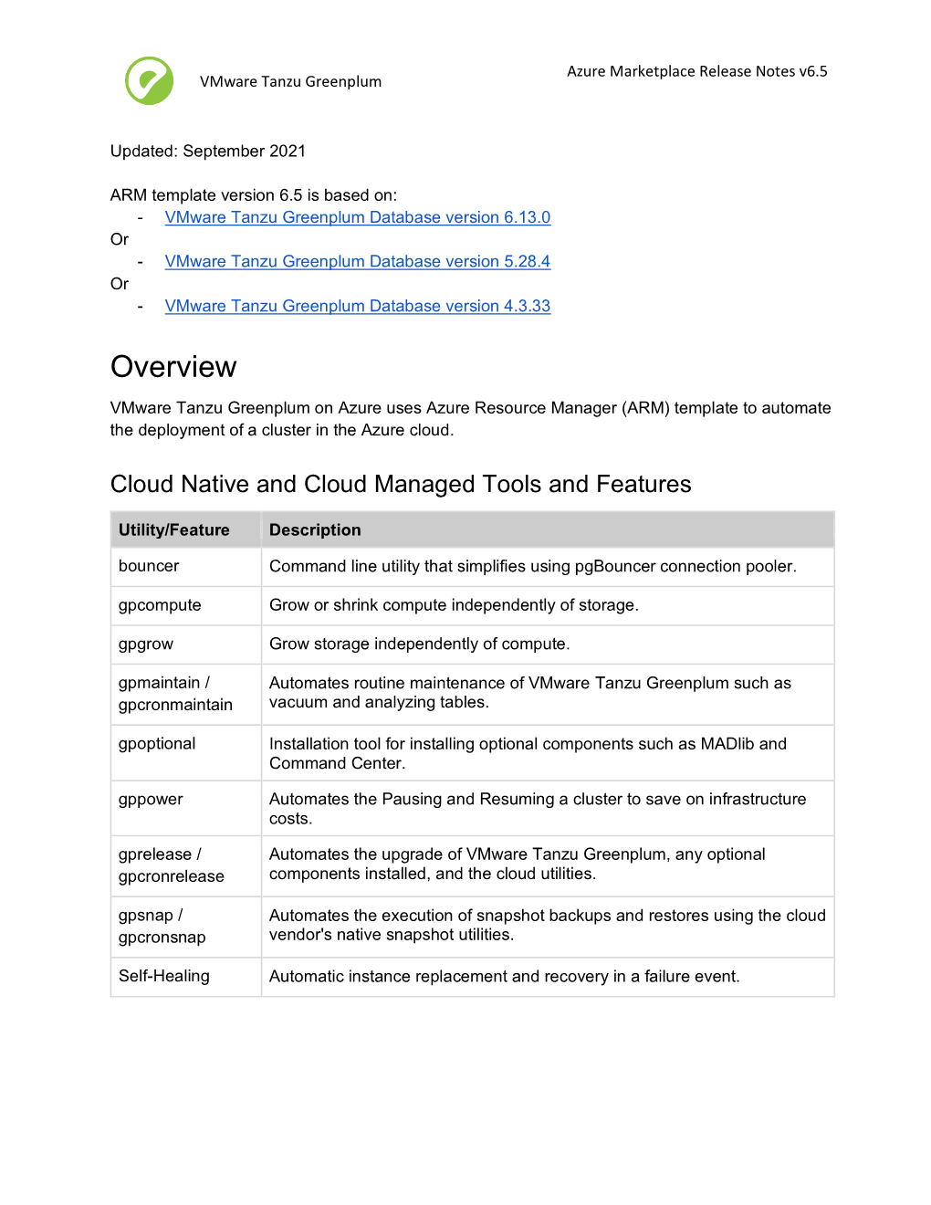 Vmware Tanzu Greenplum on Azure Marketplace Release Notes V6.5.Pdf