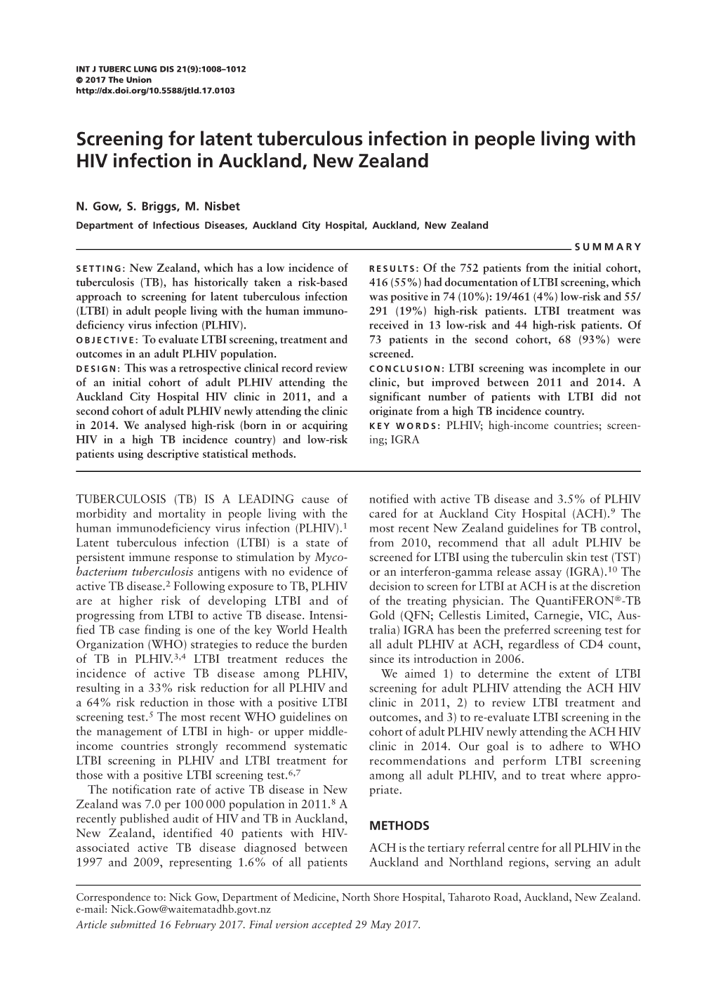 Screening for Latent Tuberculous Infection in People Living with HIV Infection in Auckland, New Zealand