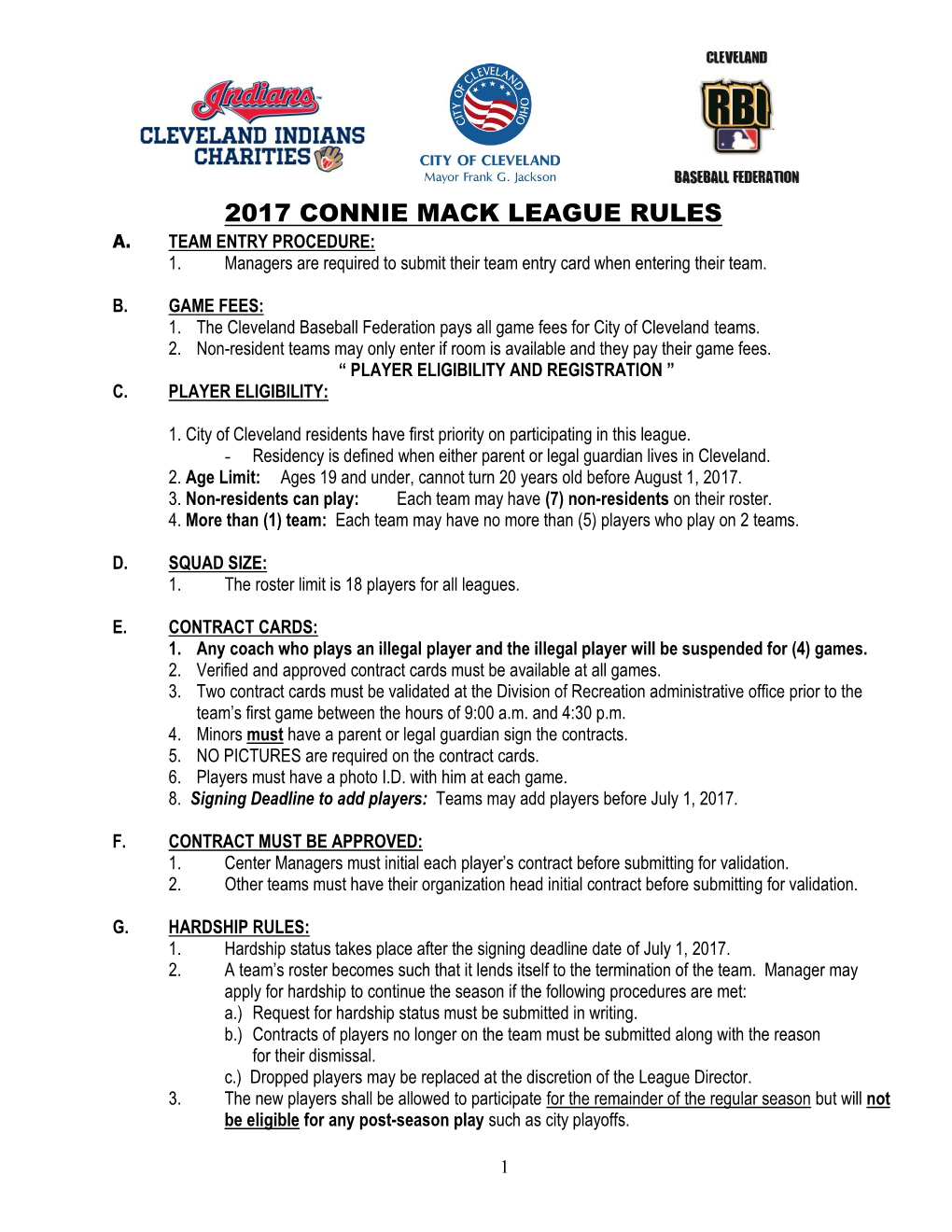 2017 Connie Mack League Rules A