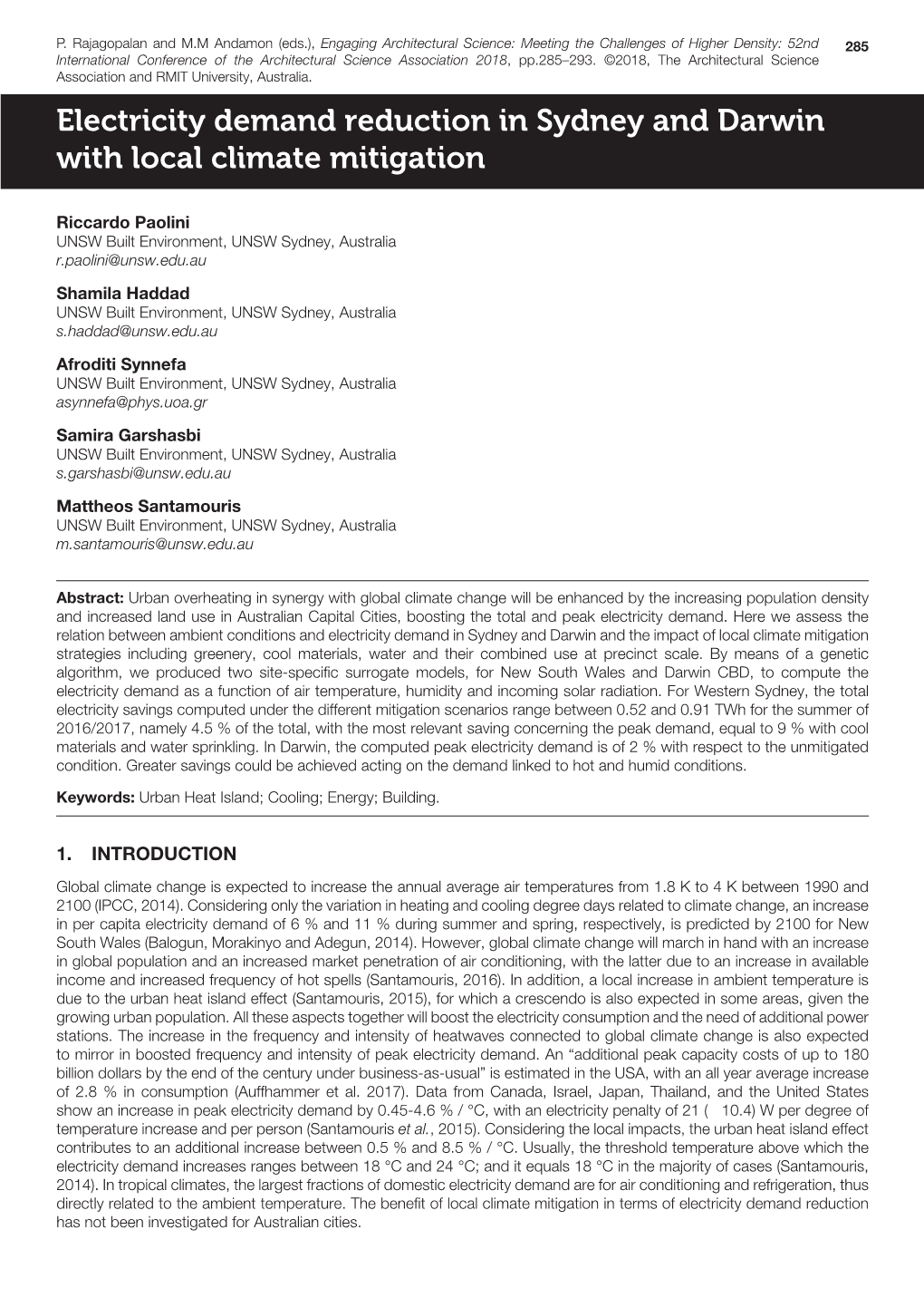 Electricity Demand Reduction in Sydney and Darwin with Local Climate Mitigation