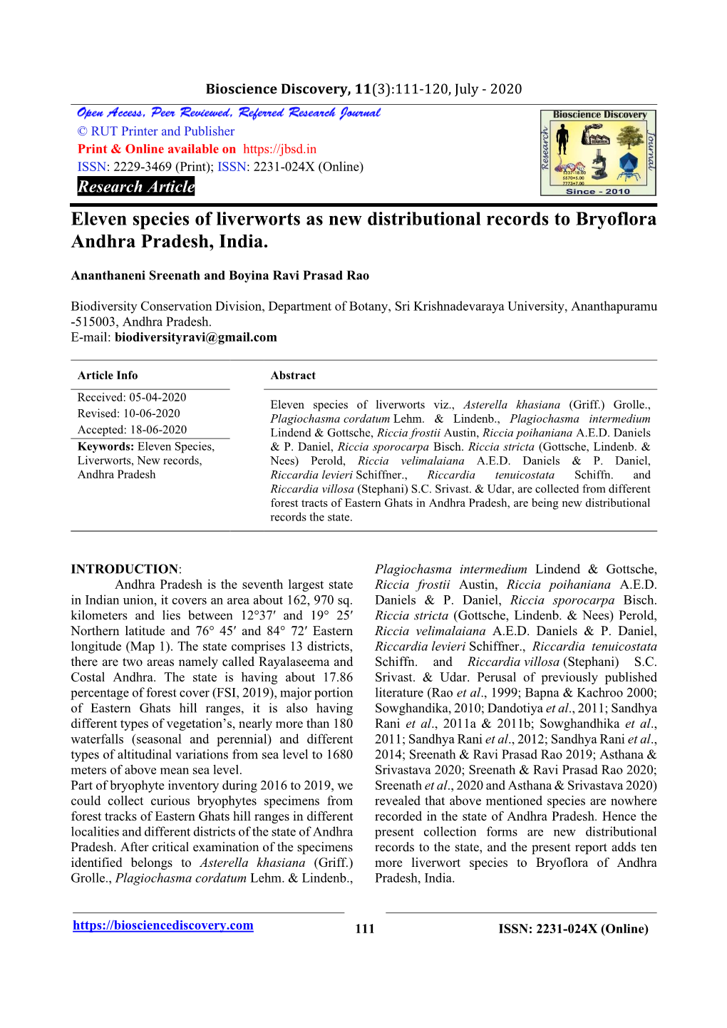 Eleven Species of Liverworts As New Distributional Records to Bryoflora Andhra Pradesh, India