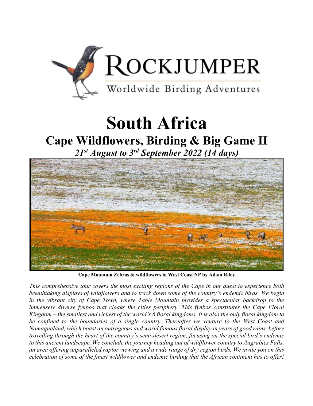 South Africa Cape Wildflowers, Birding & Big Game II 21St August to 3Rd September 2022 (14 Days)