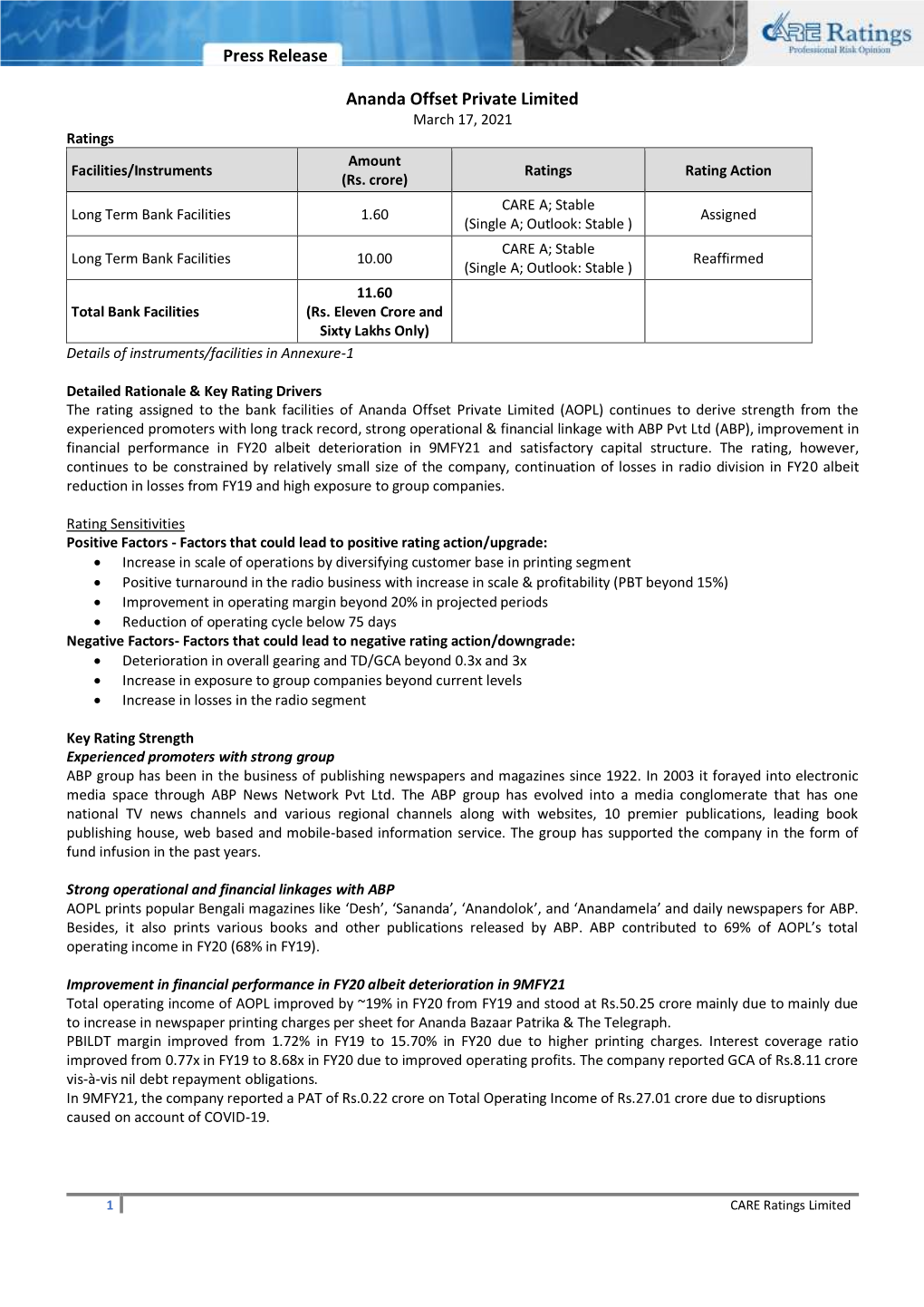 Press Release Ananda Offset Private Limited