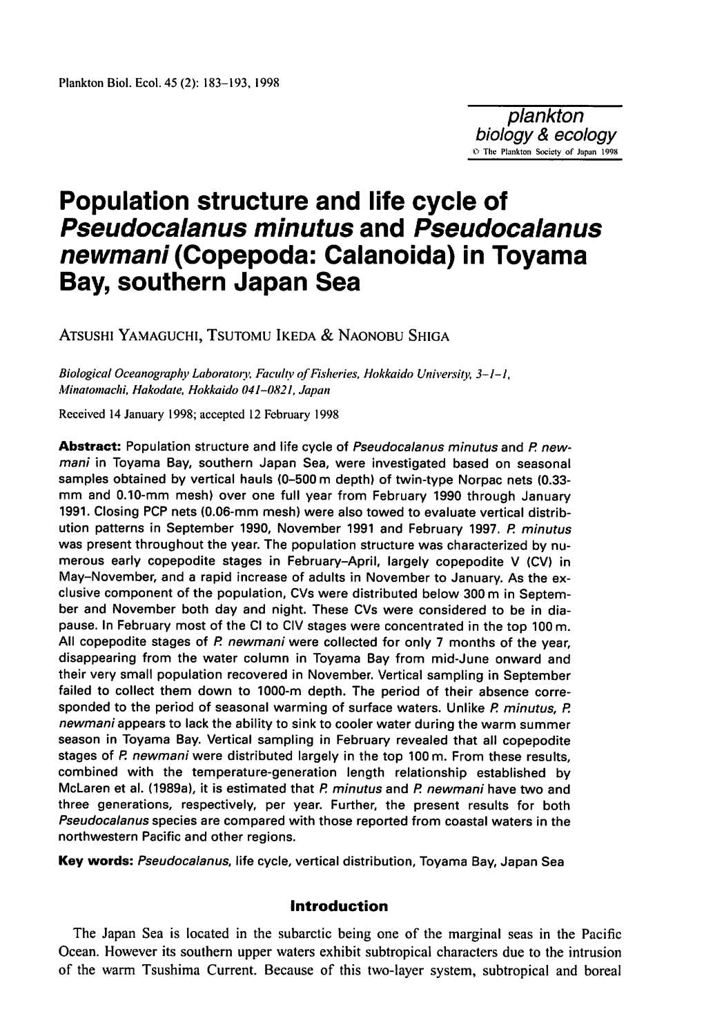 Newmani (Copepoda: Calanoida) in Toyama Bay, Southern Japan Sea