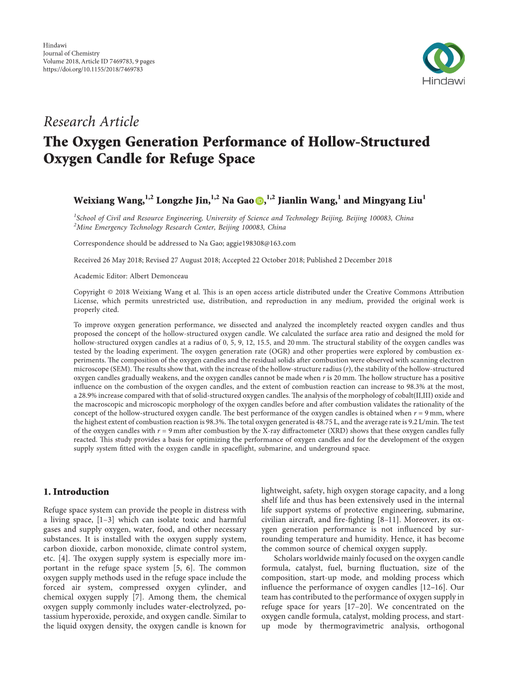 Research Article the Oxygen Generation Performance of Hollow-Structured Oxygen Candle for Refuge Space