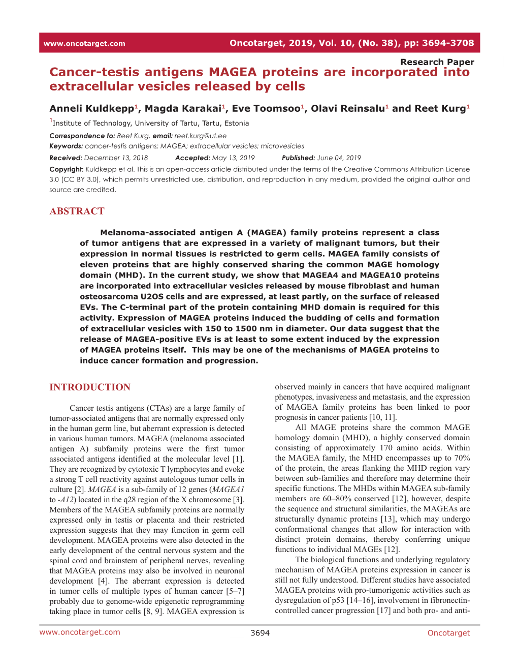 Cancer-Testis Antigens MAGEA Proteins Are Incorporated Into Extracellular Vesicles Released by Cells