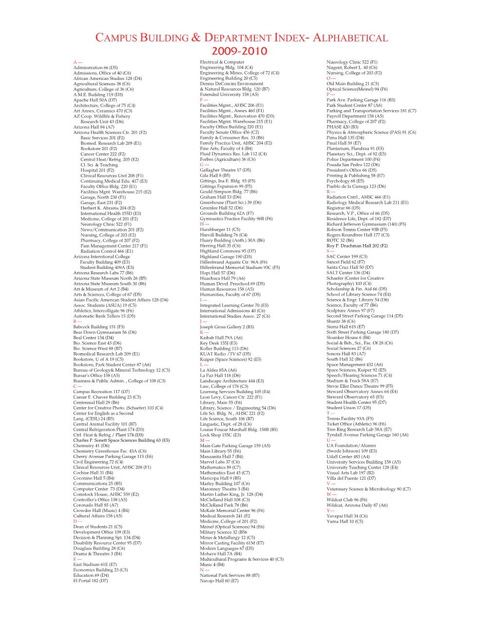 Campus Building & Department Index- Alphabetical