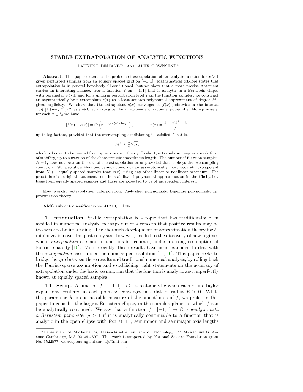 Stable Extrapolation of Analytic Functions