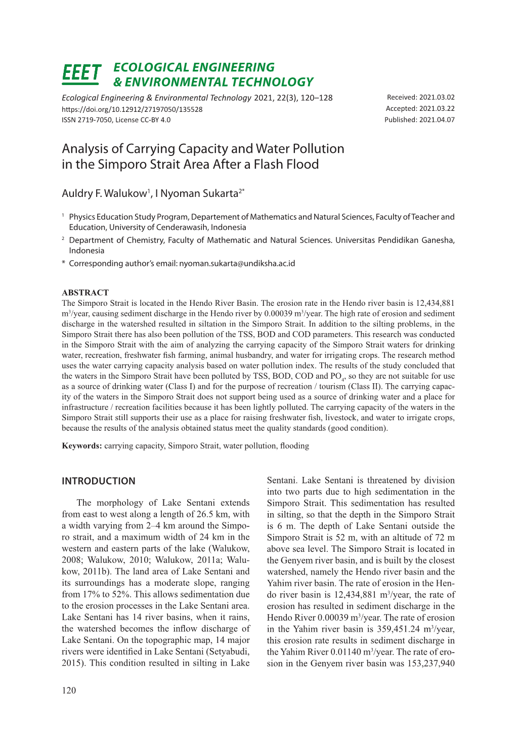 Analysis of Carrying Capacity and Water Pollution in the Simporo Strait Area After a Flash Flood