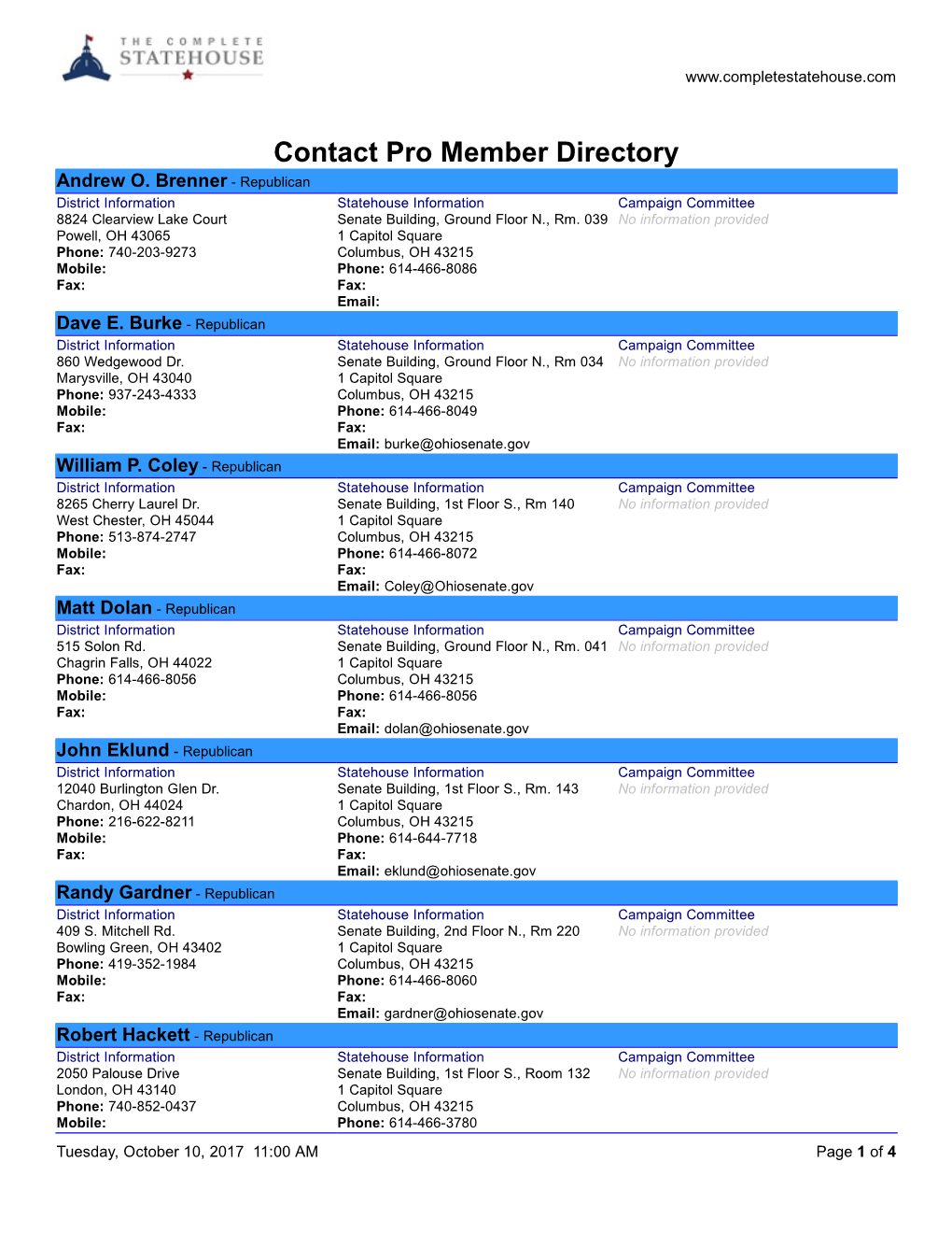Ohio Senate Member Directory