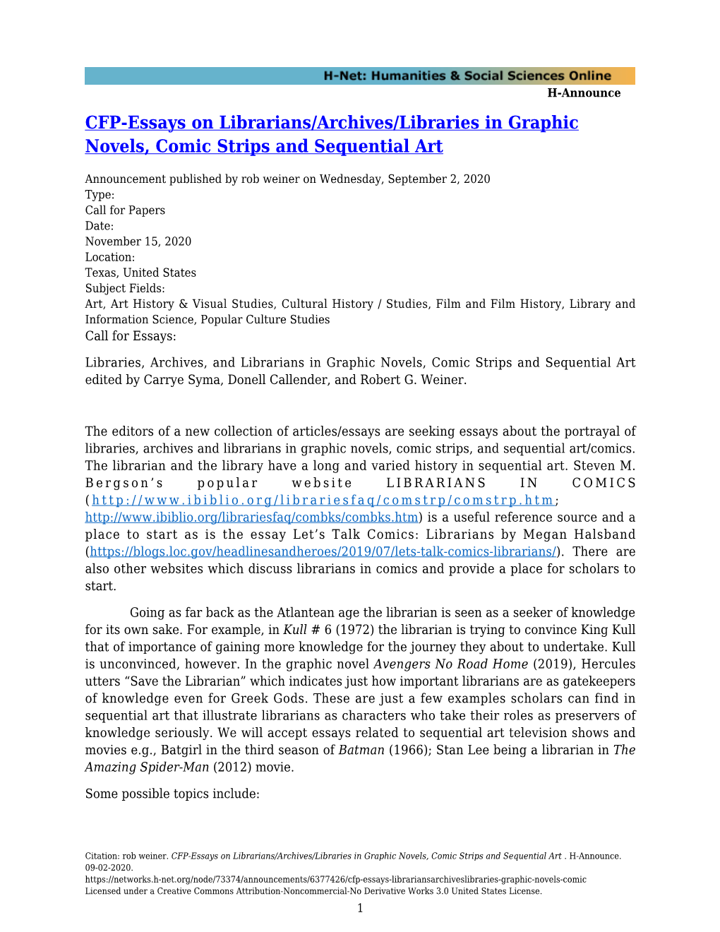 CFP-Essays on Librarians/Archives/Libraries in Graphic Novels, Comic Strips and Sequential Art