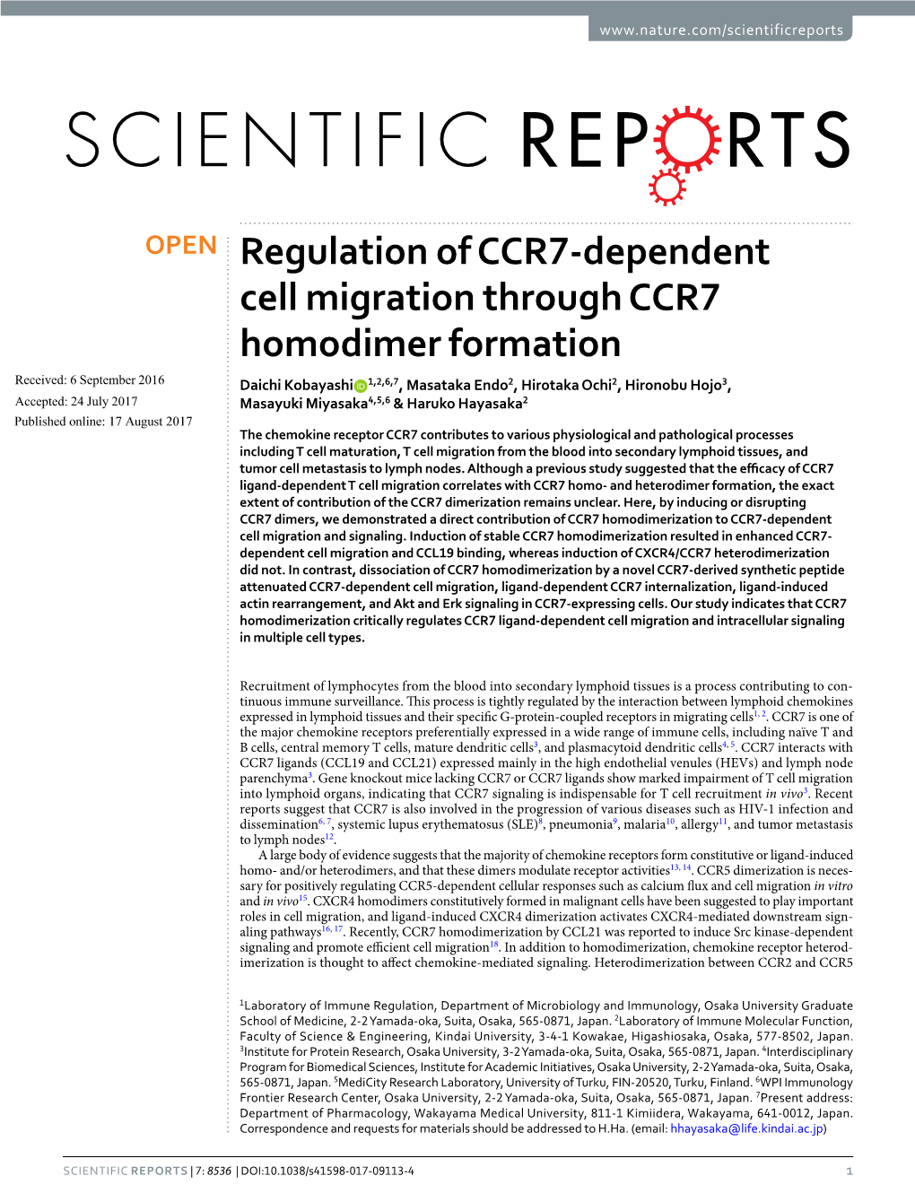 Regulation of CCR7-Dependent Cell Migration Through CCR7 Homodimer Formation