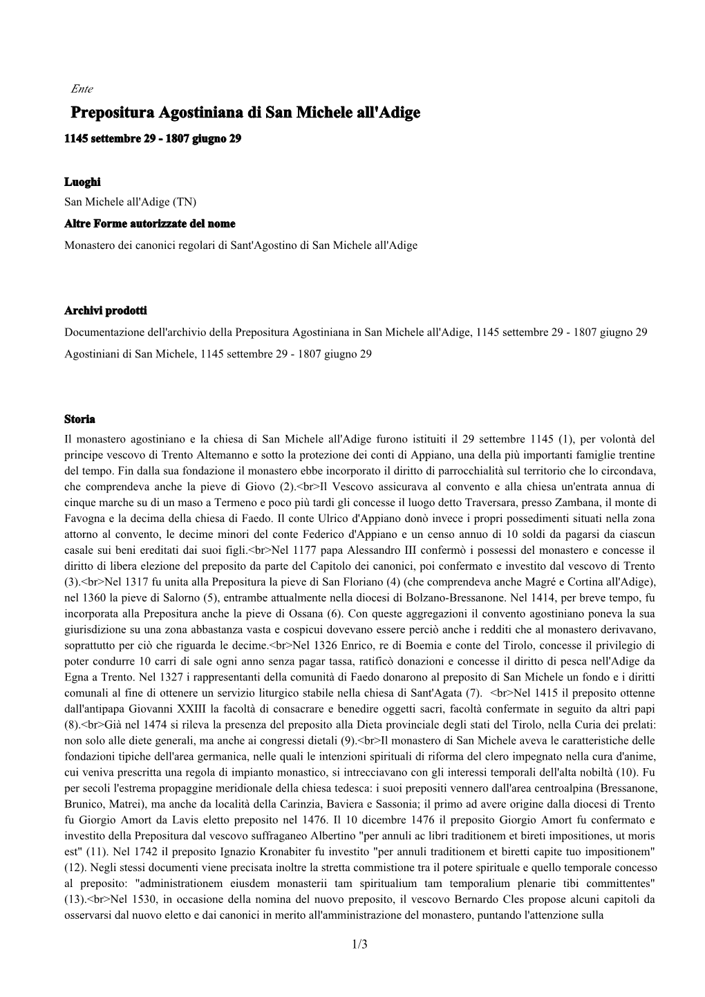 Prepositura Agostiniana Di San Michele All'adige 1145 Settembre 29 - 1807 Giugno 29