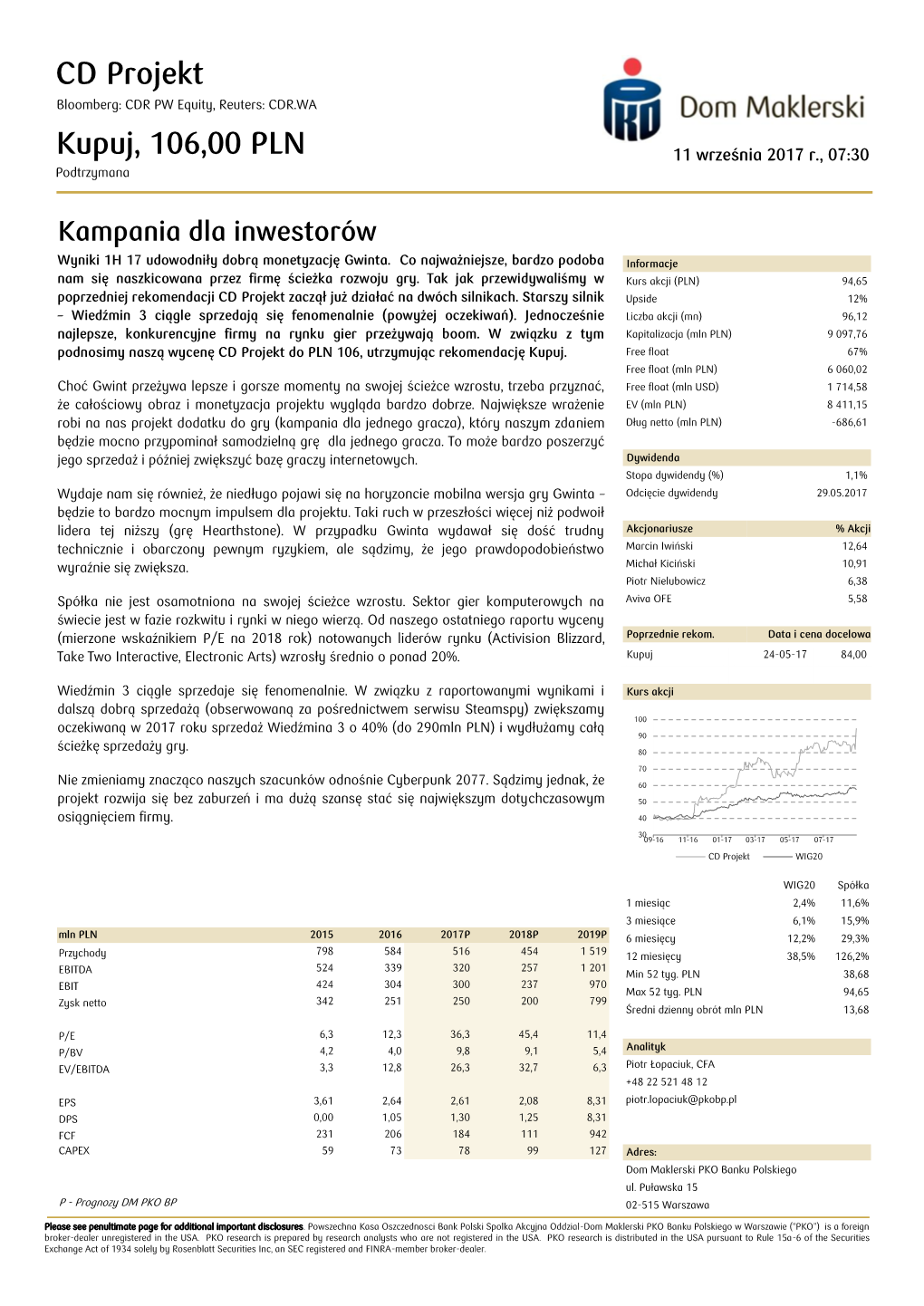 CD Projekt Bloomberg: CDR PW Equity, Reuters: CDR.WA