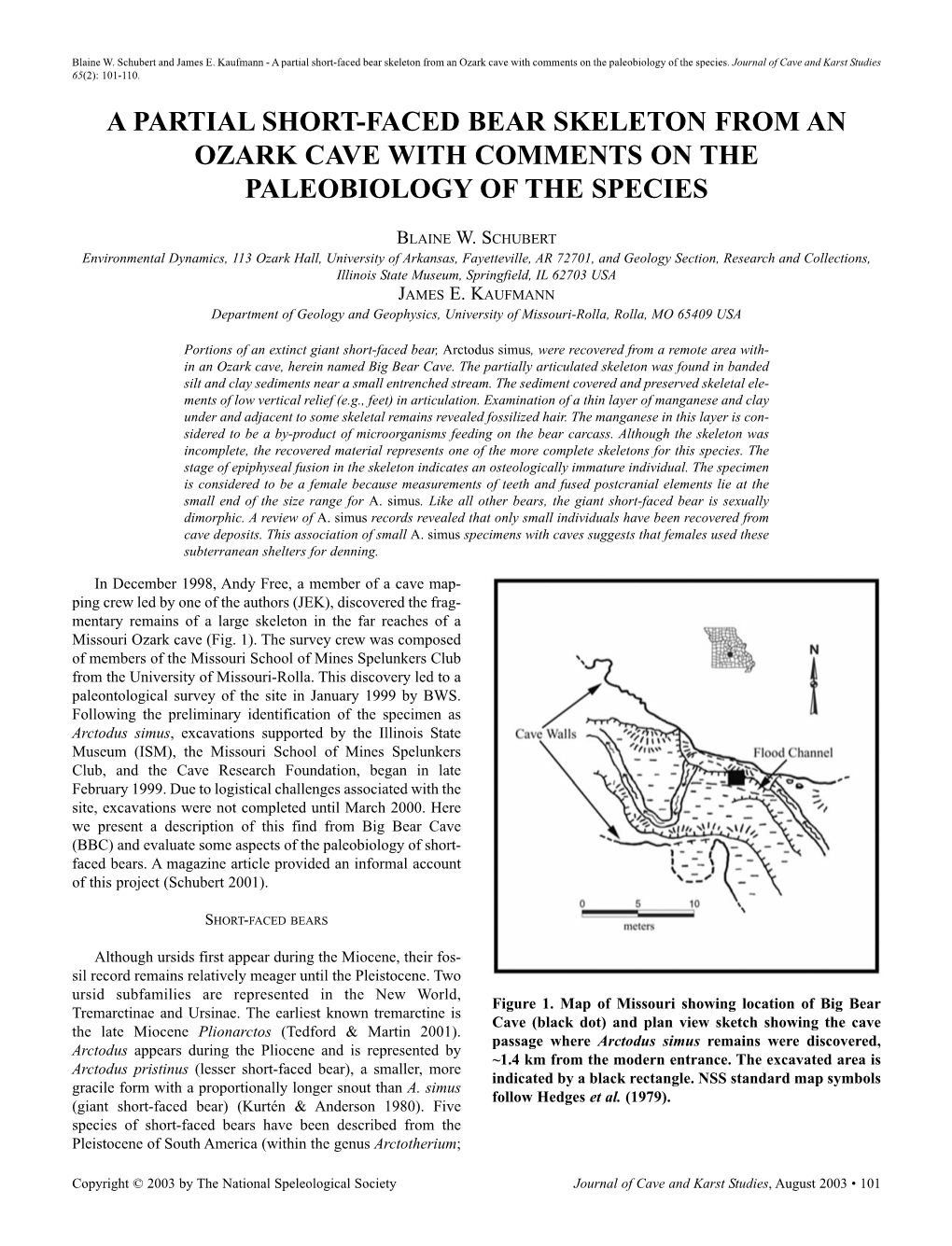 A Partial Short-Faced Bear Skeleton from an Ozark Cave with Comments on the Paleobiology of the Species
