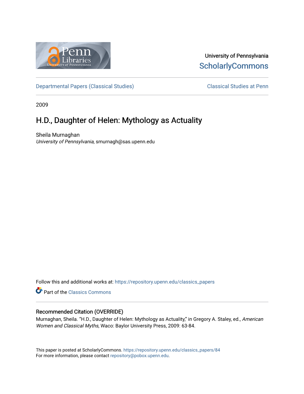 H.D., Daughter of Helen: Mythology As Actuality