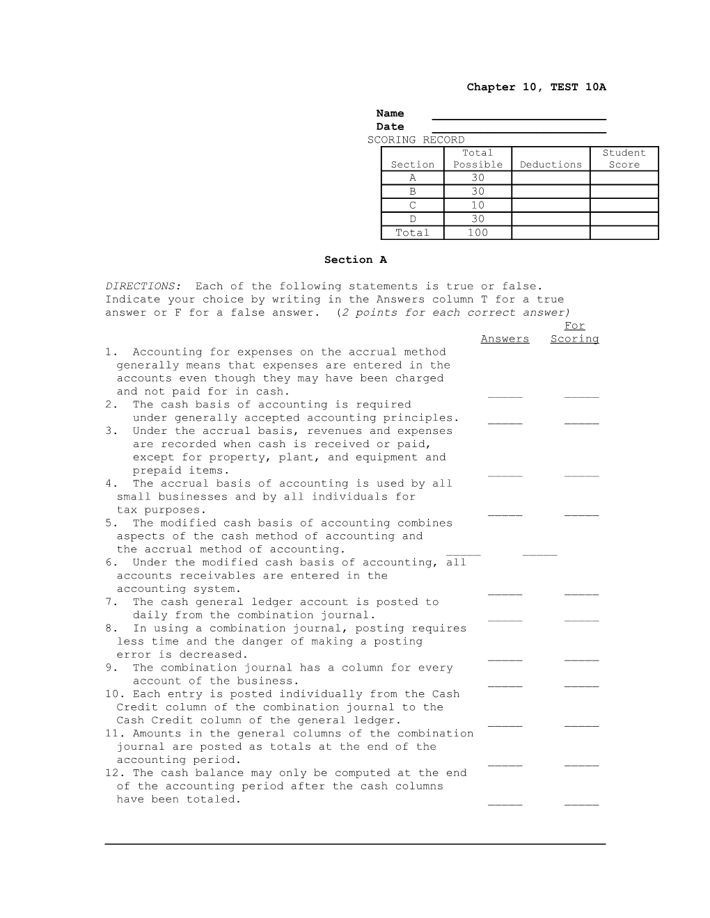 Chapter 10, TEST 10A