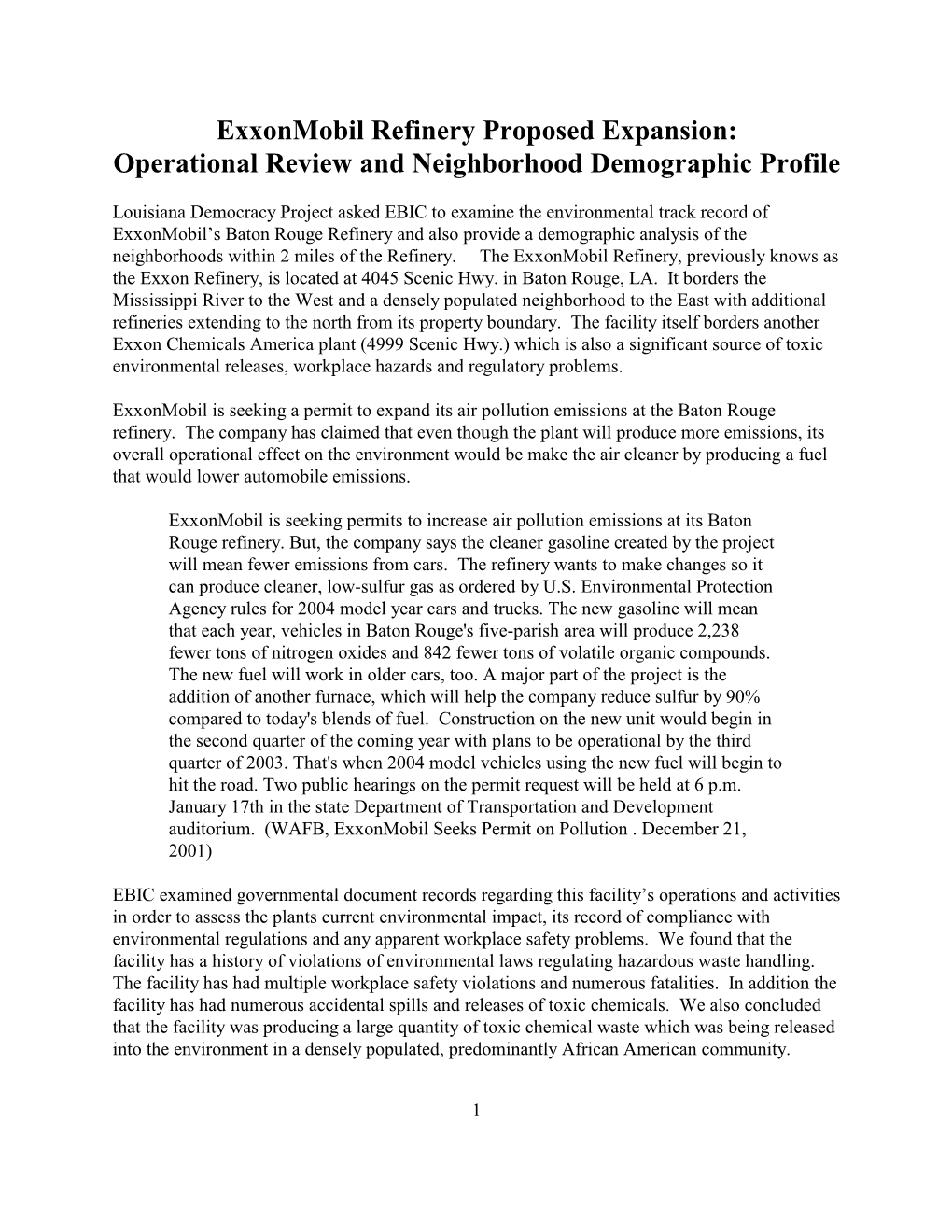 Exxonmobil Refinery Proposed Expansion: Operational Review and Neighborhood Demographic Profile