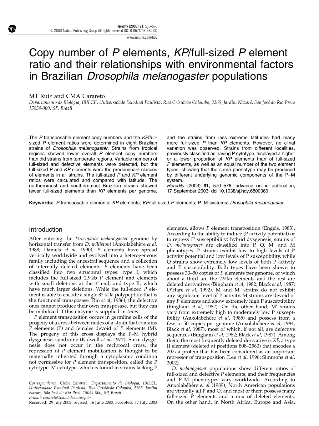 Copy Number of P Elements, KP/Full-Sized P Element Ratio and Their Relationships with Environmental Factors in Brazilian Drosophila Melanogaster Populations