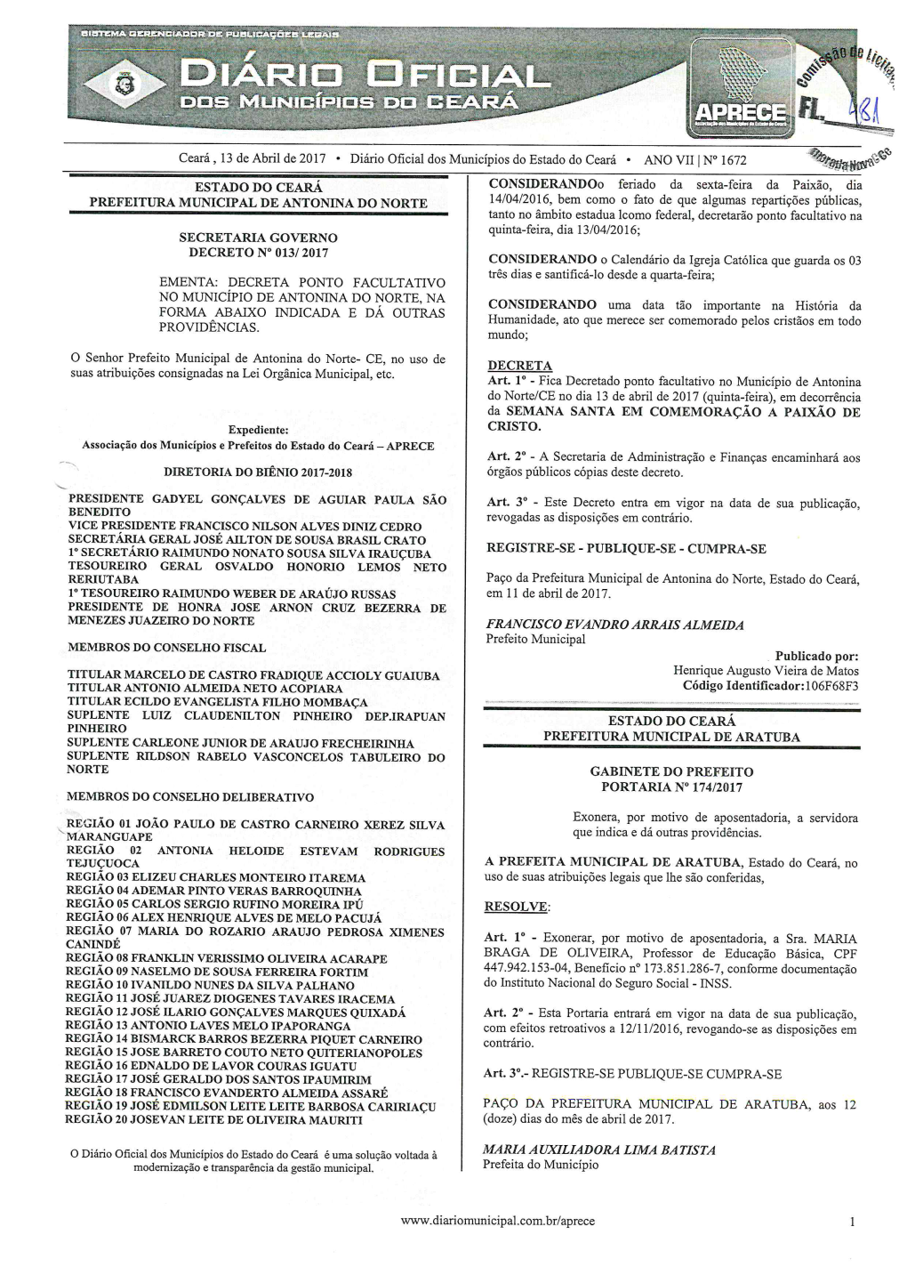 PREFEITURAMUNICIPAL DE Antoninado NORTE ESTADO DO CEARA PREFEITURA MUNICIPAL DE ARATUBA