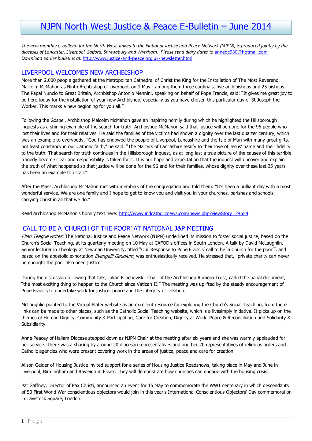 NJPN North West Justice & Peace E-Bulletin – June 2014
