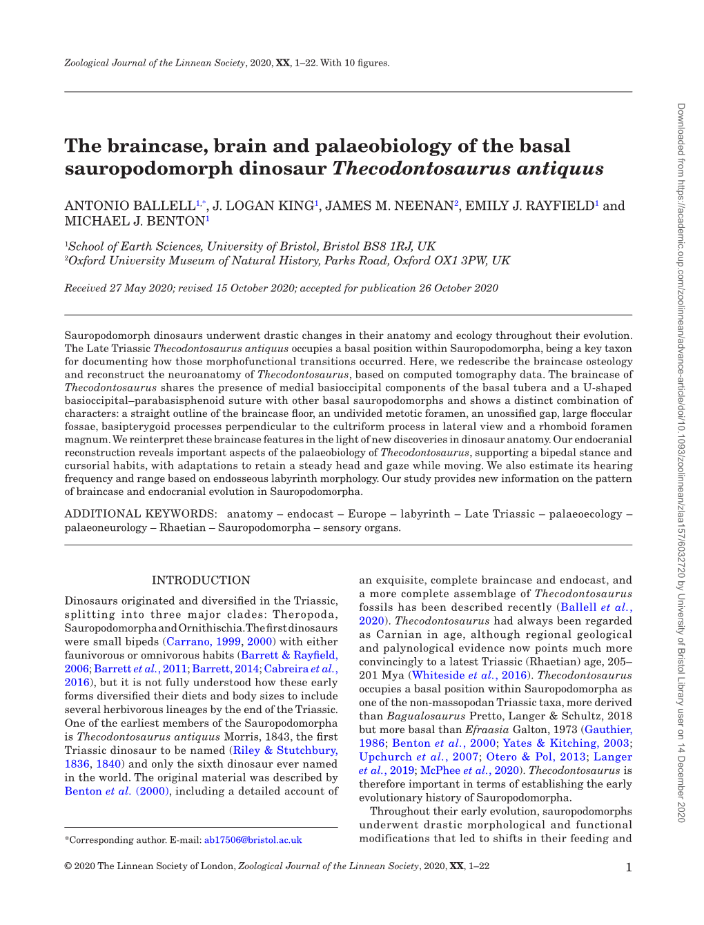 The Braincase, Brain and Palaeobiology of the Basal Sauropodomorph Dinosaur Thecodontosaurus Antiquus