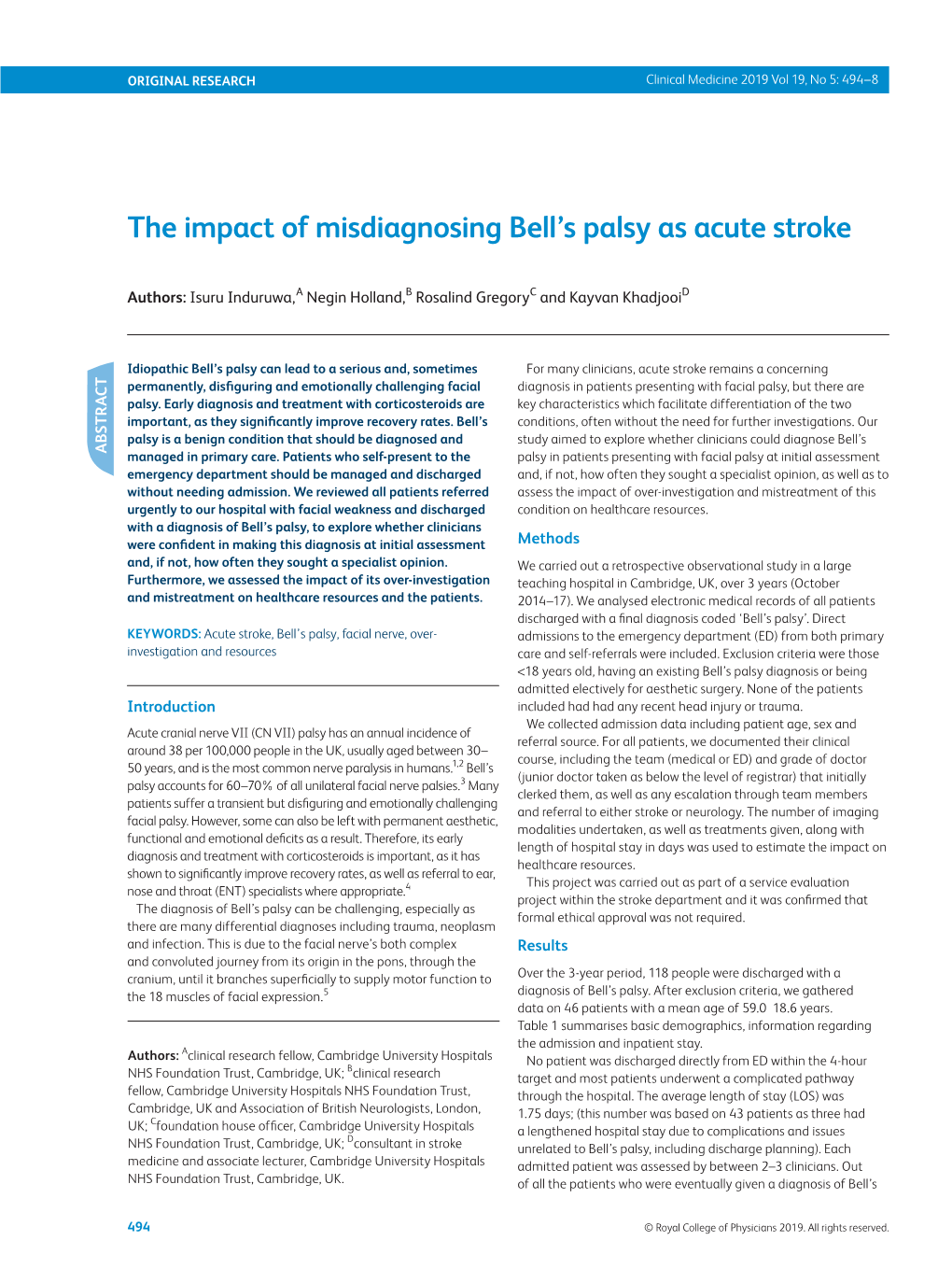 The Impact of Misdiagnosing Bell's Palsy As Acute Stroke