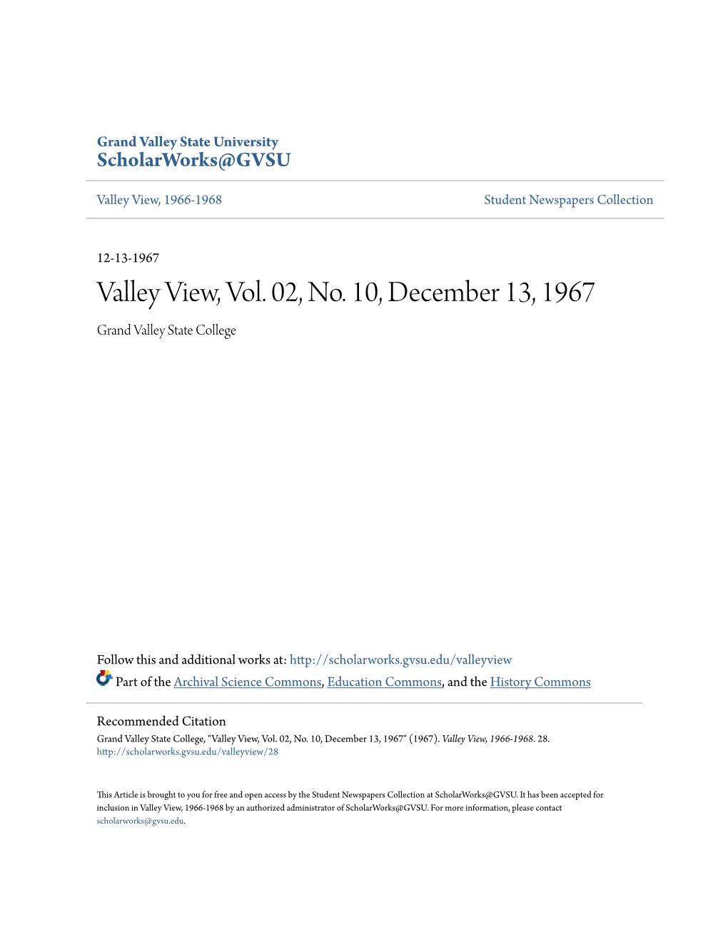 Valley View, Vol. 02, No. 10, December 13, 1967 Grand Valley State College