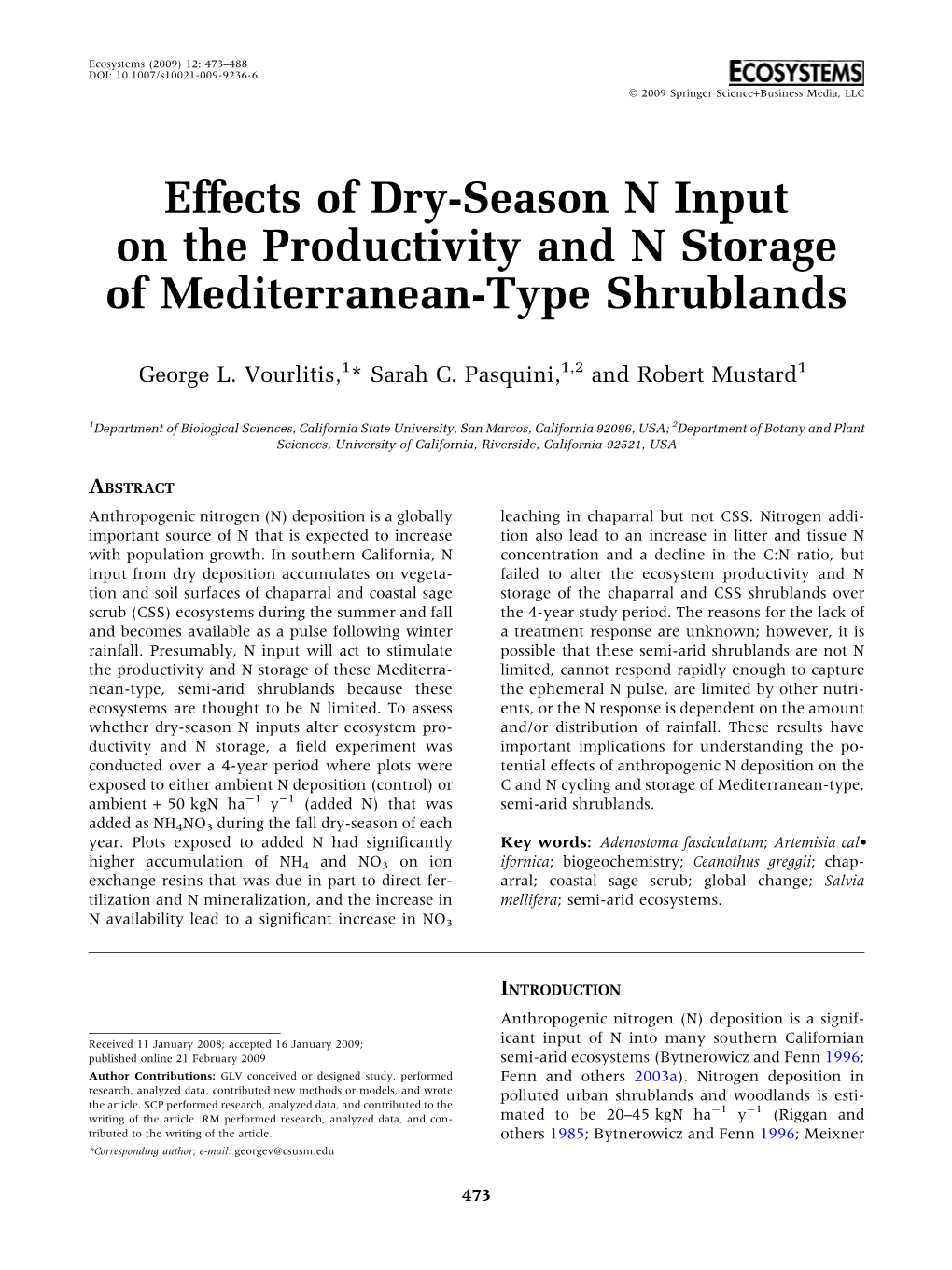 Effects of Dry-Season N Input on the Productivity and N Storage of Mediterranean-Type Shrublands