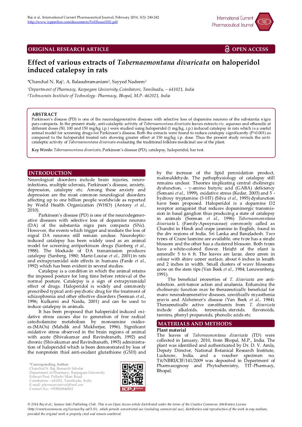 Effect of Various Extracts of Tabernaemontana Divaricata on Haloperidol Induced Catalepsy in Rats