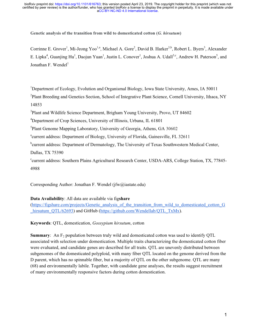 Genetic Analysis of the Transition from Wild to Domesticated Cotton (G