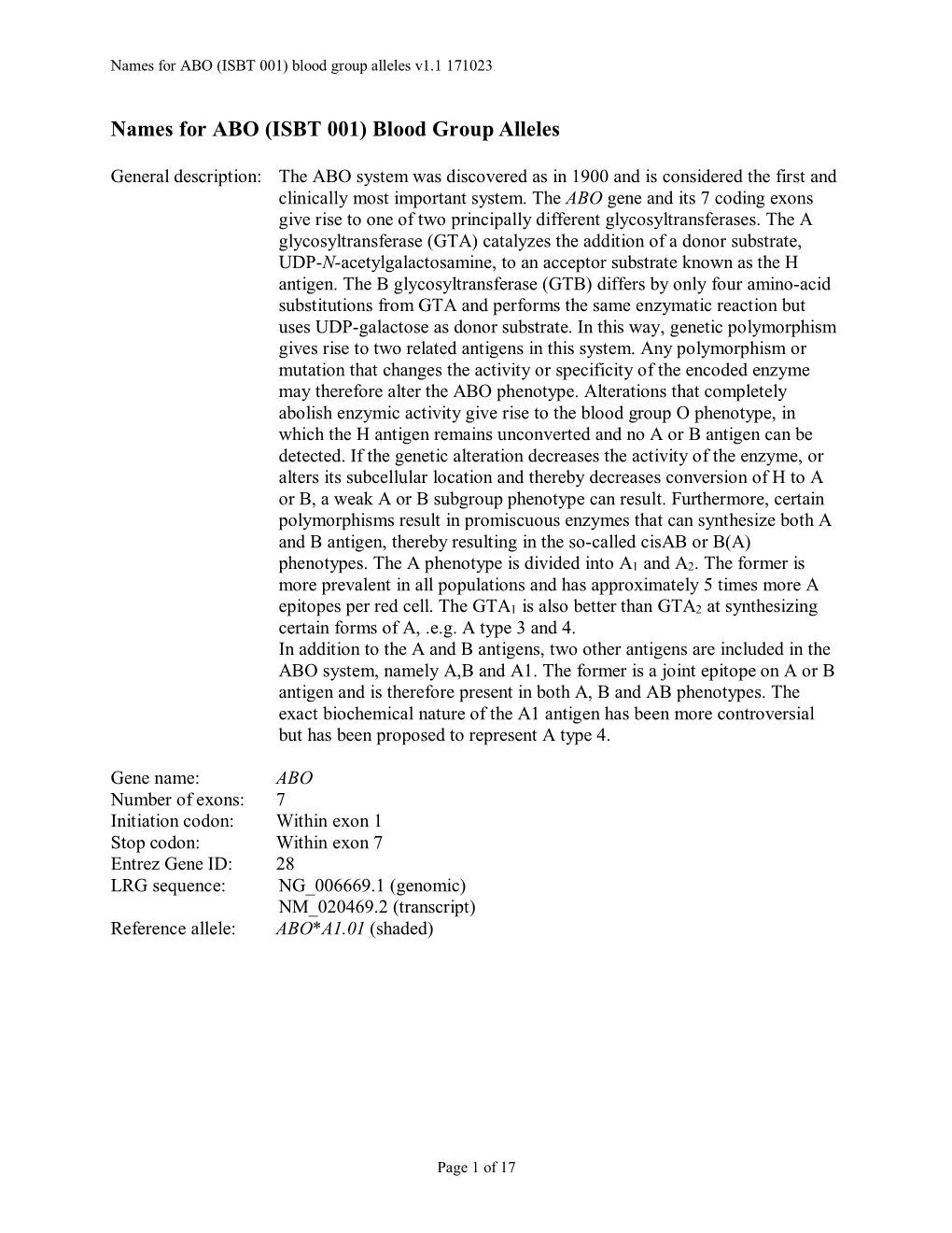 ABO (ISBT 001) Blood Group Alleles V1.1 171023