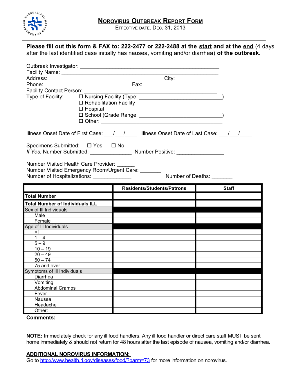 Norovirus Outbreak Report Form