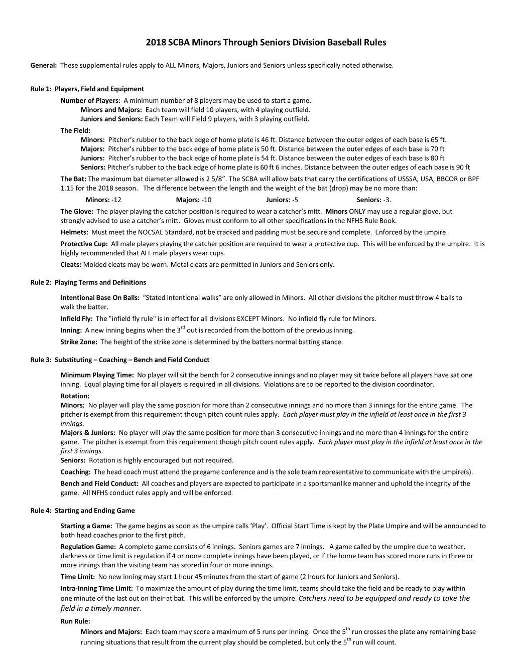 2017 SCBA 6 Minors Division Baseball Rules