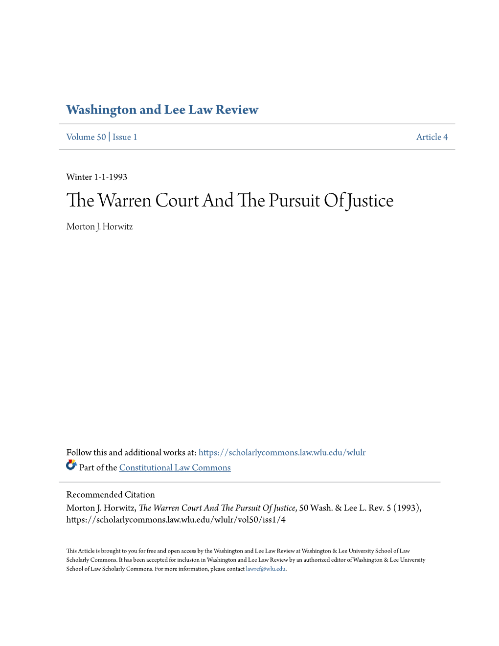 The Warren Court and the Pursuit of Justice, 50 Wash